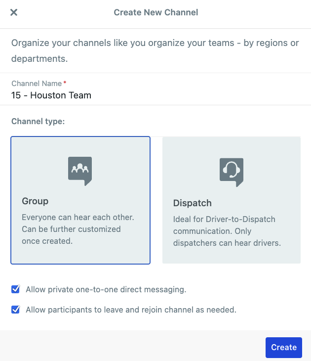 Assign the channel a name, then click Create