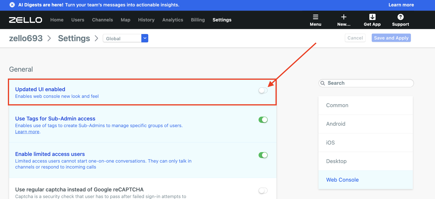 Updated UI Setting